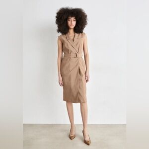 HUGO BOSS Drupe Belted Linen Blend Dress in Camelhair Size US 6 NWT